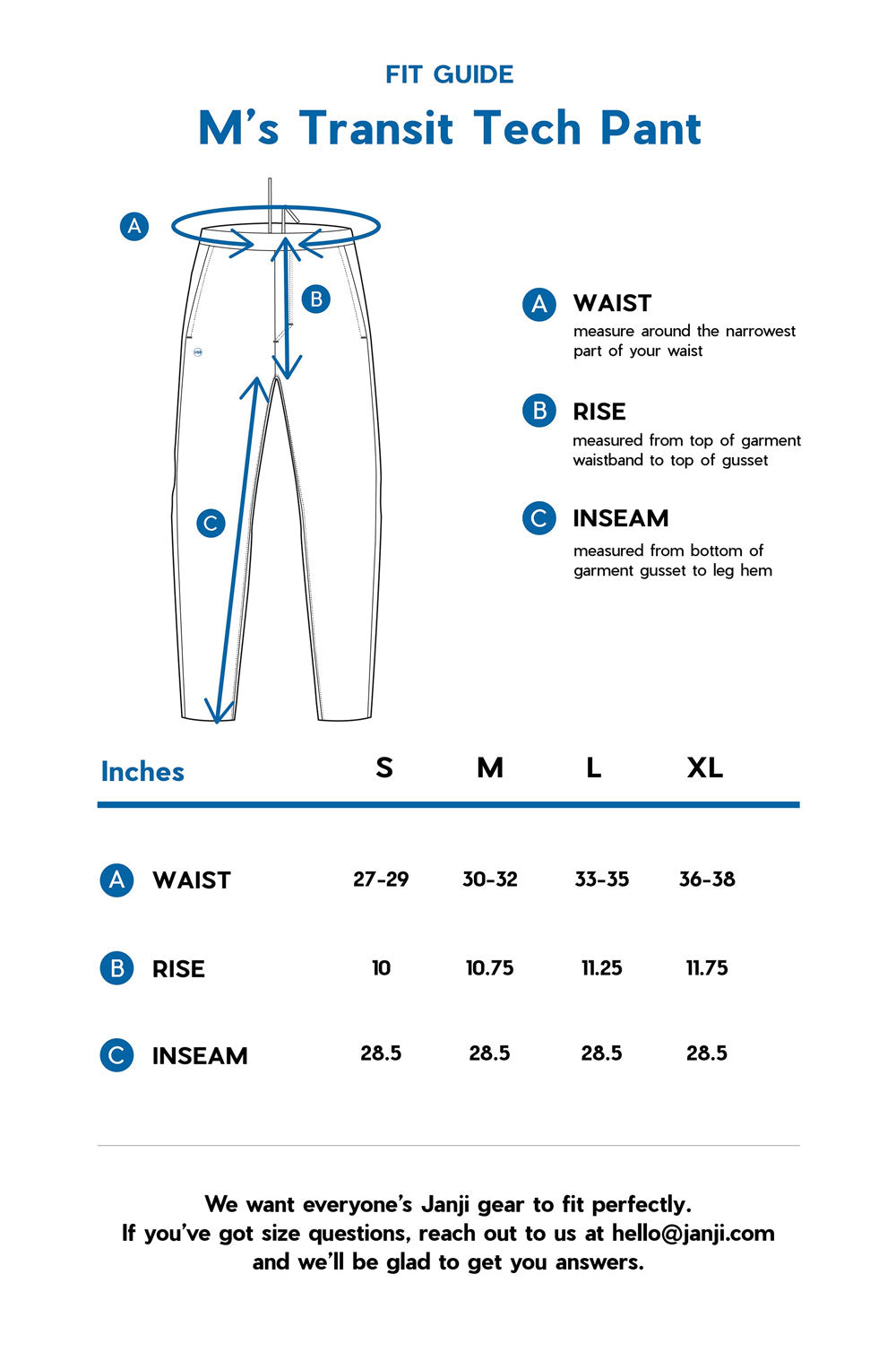 M's Transit Tech Pant size guide