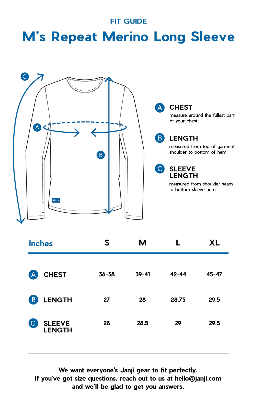 M's Repeat Merino Long Sleeve size guide