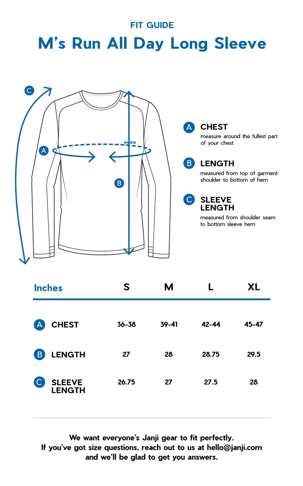 M's Run All Day Tech Long Sleeve size guide